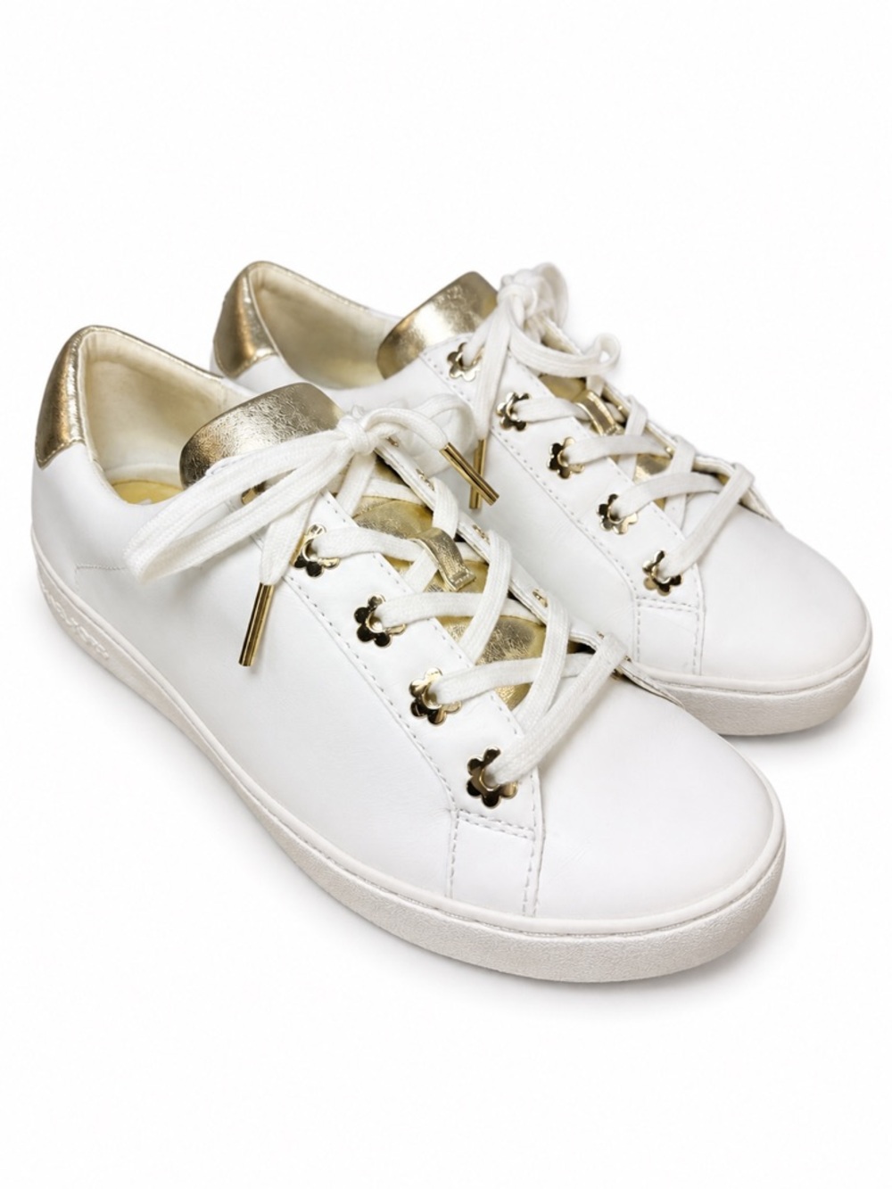 Michael Kors White Leather Sneakers Gold Daisy Eyelets Size 7.5 EUC - Picture 1 of 7
